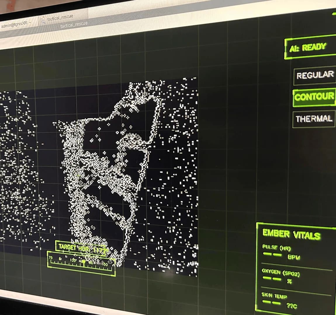 Ember's tactical HUD combining a spatial contour map with mode toggles and an Ember Vitals panel.